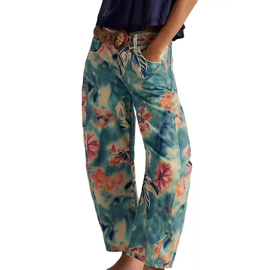 Printed Wide-Leg Jeans Turquoise / S Apparel and Accessories