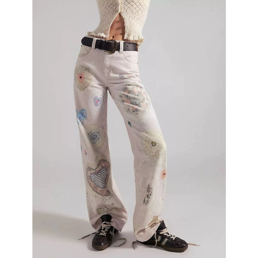 Printed Wide Leg Jeans White / S Apparel and Accessories