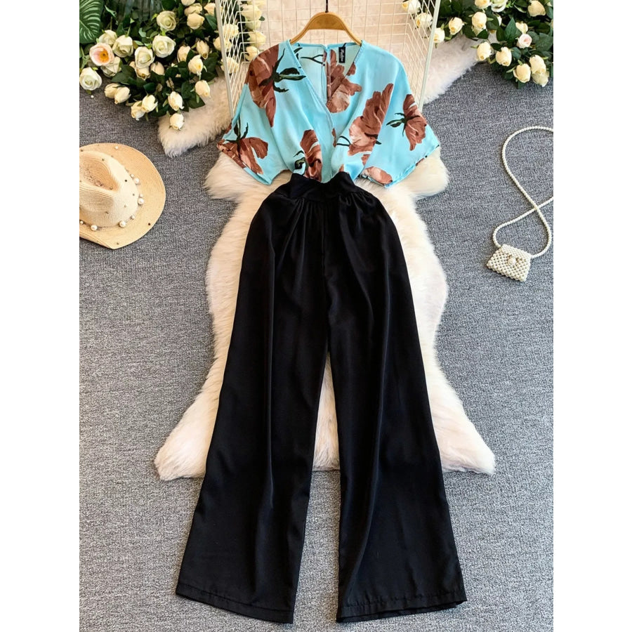 Printed Wide Leg Jumpsuit Blue / One Size Apparel and Accessories