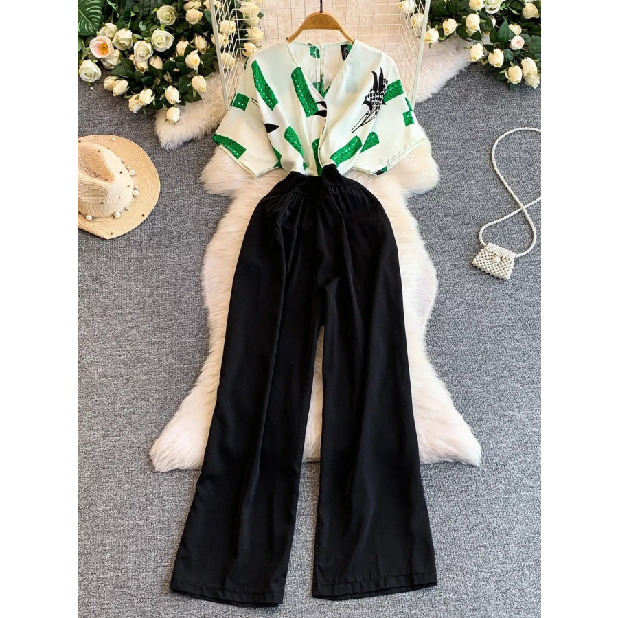 Printed Wide Leg Jumpsuit Green / One Size Apparel and Accessories