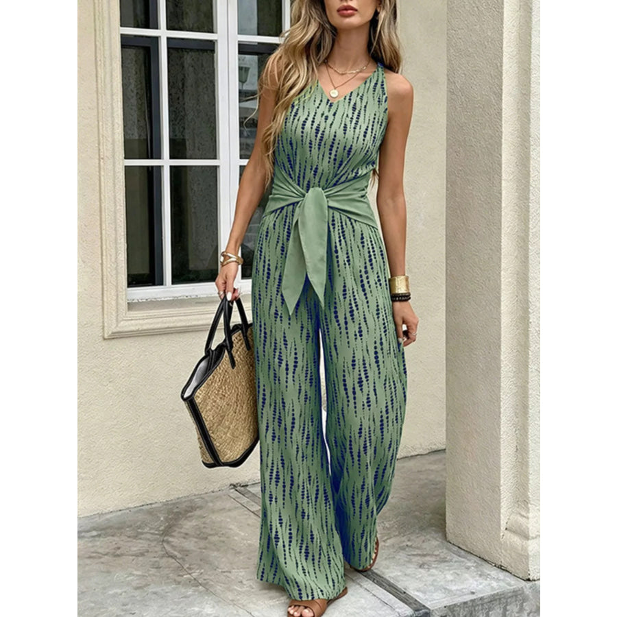 Printed Wide Leg Jumpsuit Green / S Apparel and Accessories
