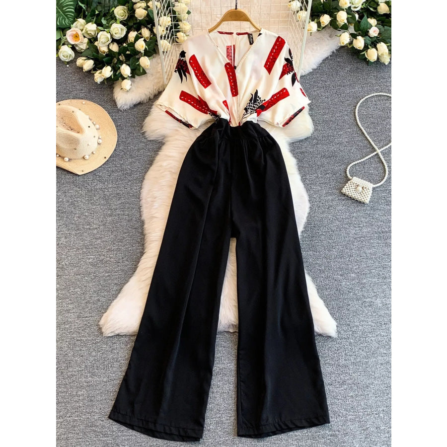 Printed Wide Leg Jumpsuit White / One Size Apparel and Accessories