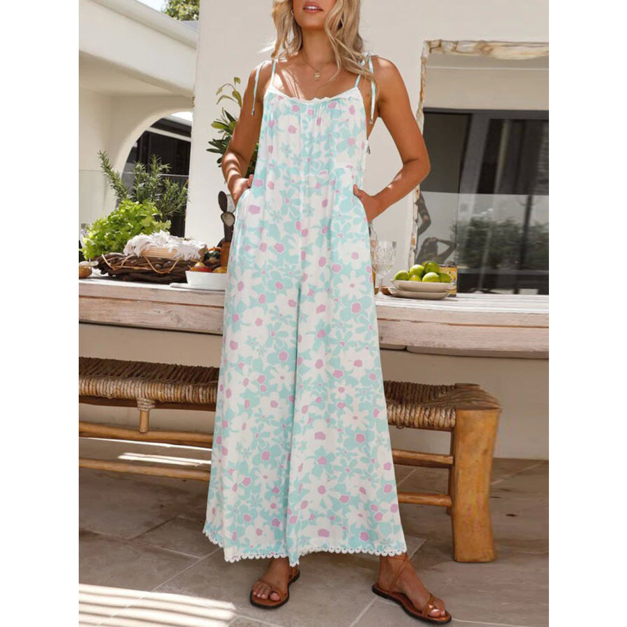 Printed Wide Leg Jumpsuit with Pockets Apparel and Accessories