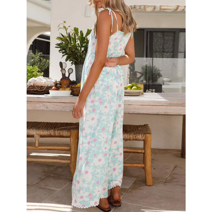 Printed Wide Leg Jumpsuit with Pockets Light Green / S Apparel and Accessories