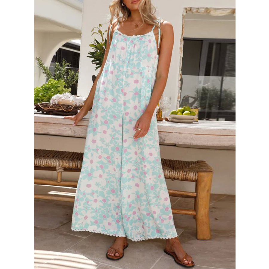 Printed Wide Leg Jumpsuit with Pockets Apparel and Accessories