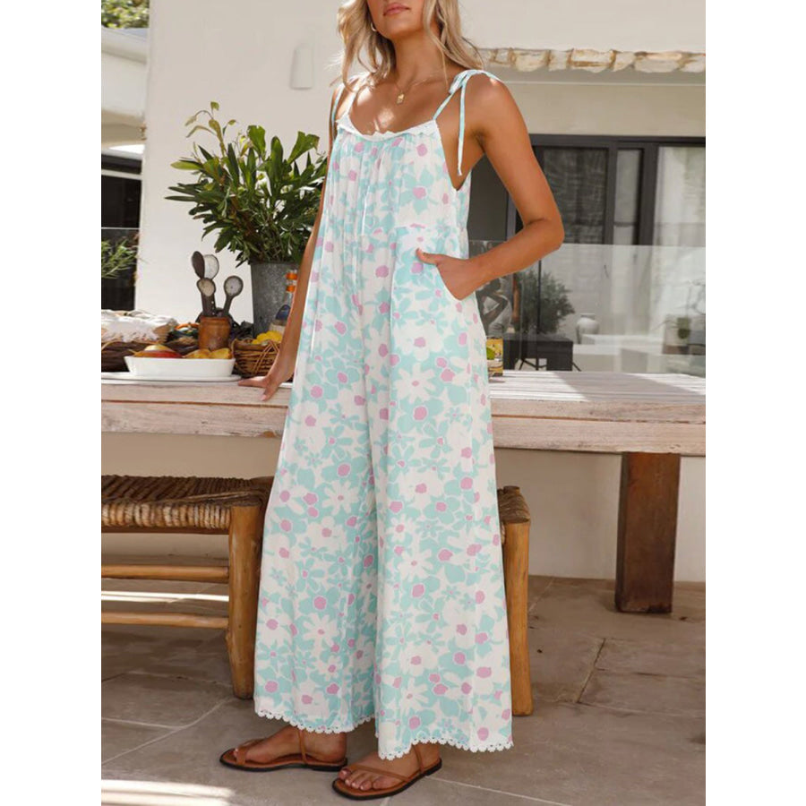 Printed Wide Leg Jumpsuit with Pockets Apparel and Accessories