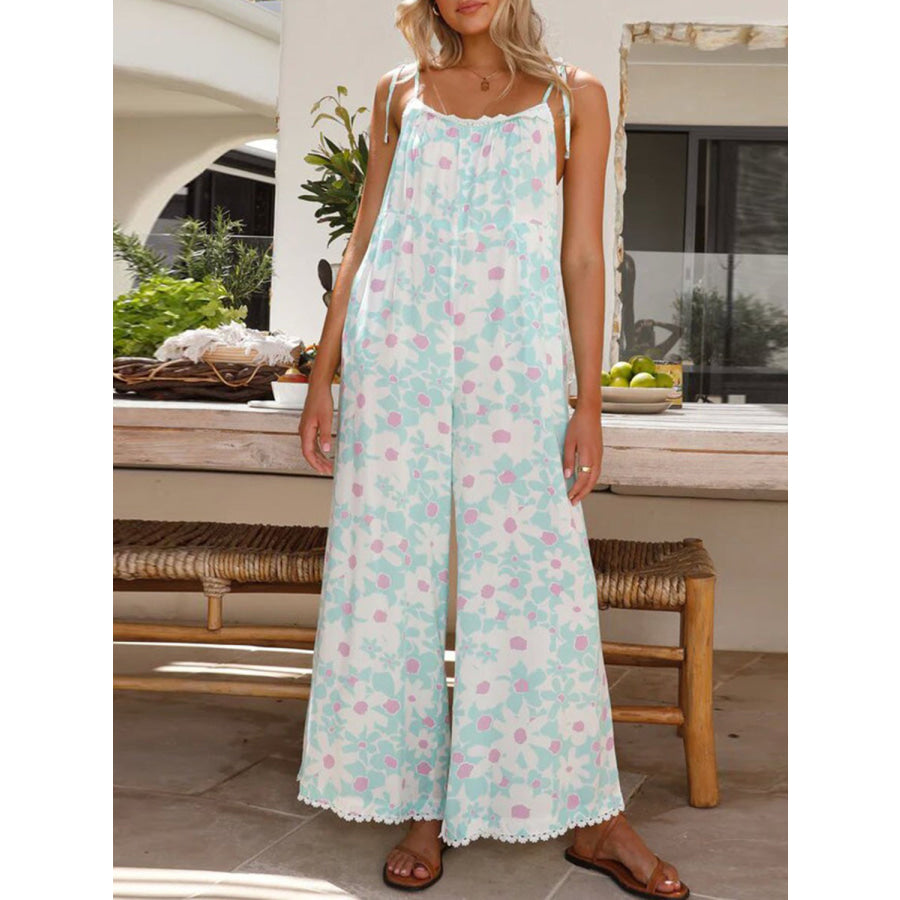 Printed Wide Leg Jumpsuit with Pockets Light Green / S Apparel and Accessories