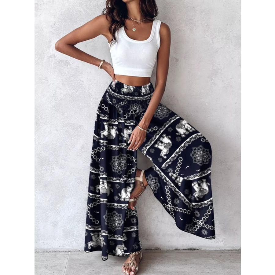 Printed Wide-Leg Pants Black / S Apparel and Accessories