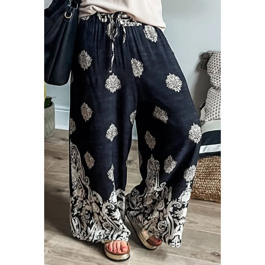 Printed Wide Leg Pants Black / S Apparel and Accessories