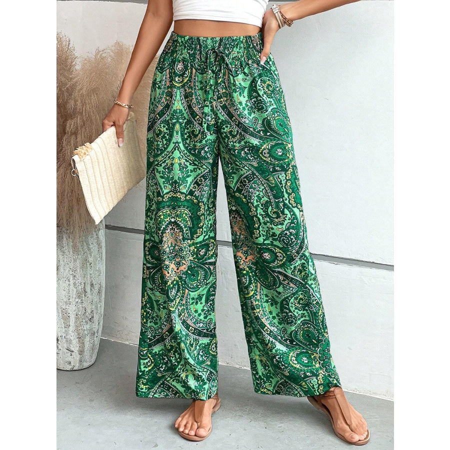 Printed Wide Leg Pants Green / S Apparel and Accessories