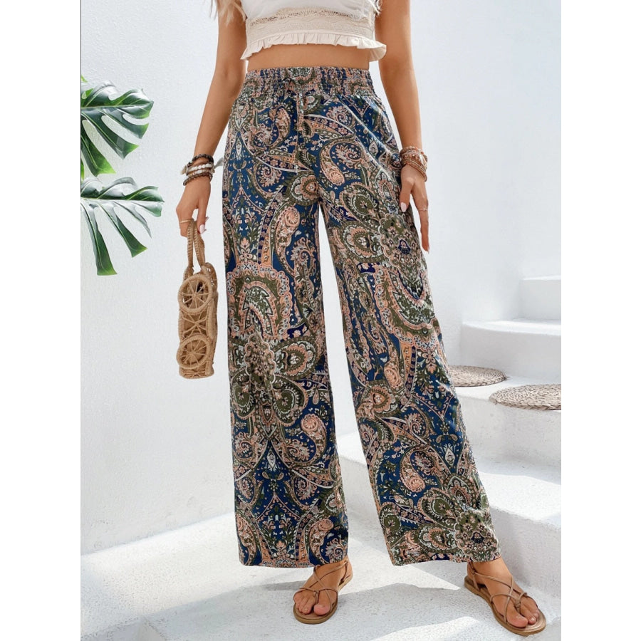 Printed Wide Leg Pants Peacock Blue / S Apparel and Accessories