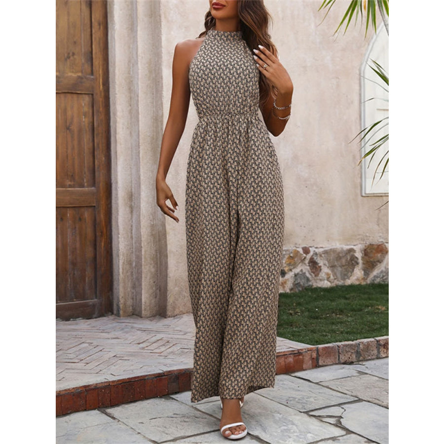 Printed Wide Leg Sleeveless Jumpsuit Black / S Apparel and Accessories