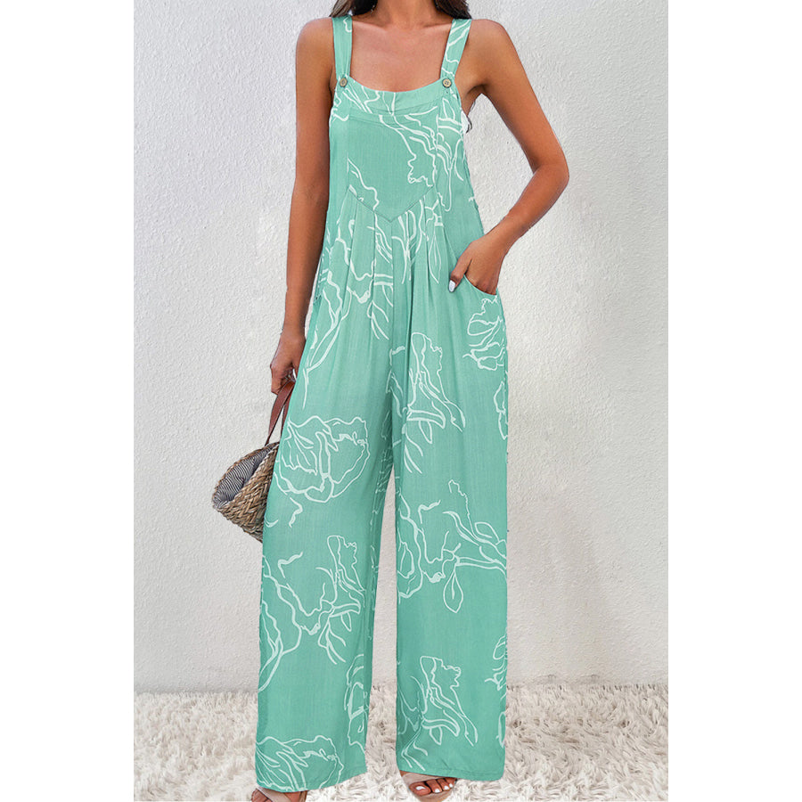 Printed Wide Strap Jumpsuit Turquoise / S Apparel and Accessories