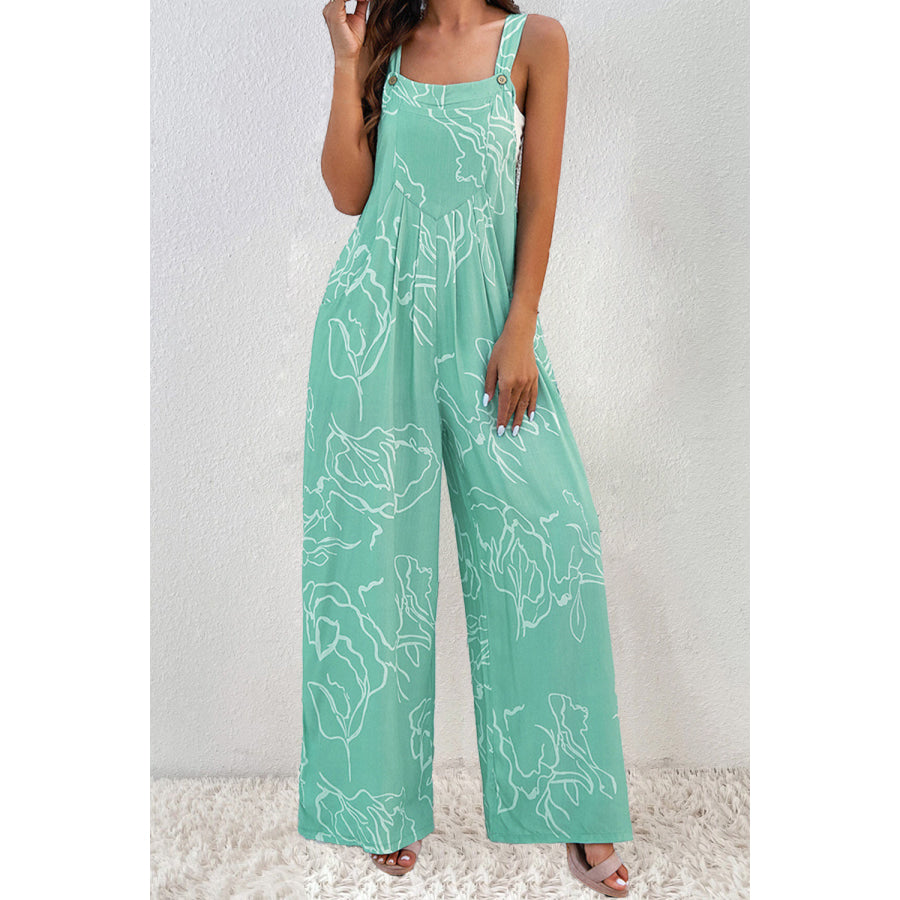Printed Wide Strap Jumpsuit Turquoise / S Apparel and Accessories