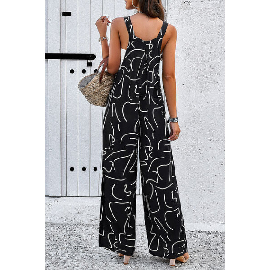 Printed Wide Strap Jumpsuit with Pockets Apparel and Accessories