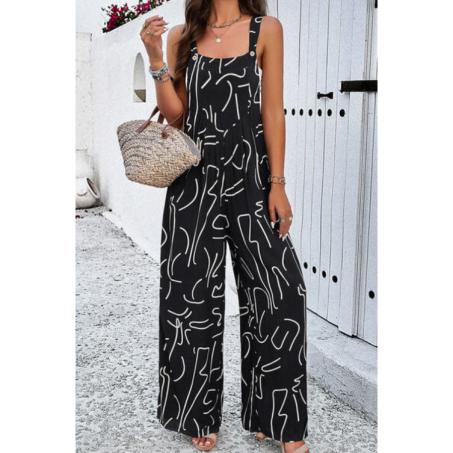 Printed Wide Strap Jumpsuit with Pockets Apparel and Accessories