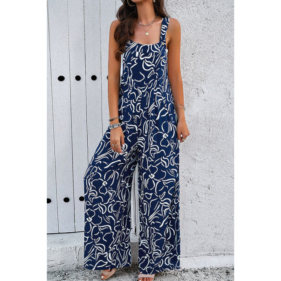 Printed Wide Strap Jumpsuit with Pockets Apparel and Accessories