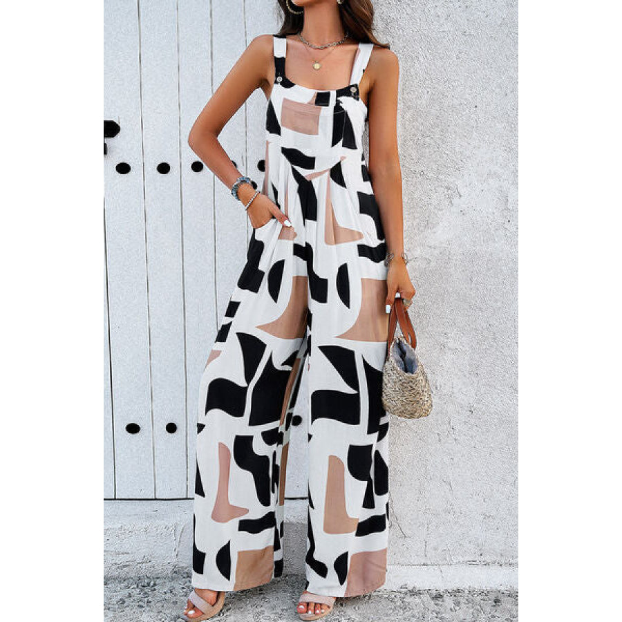Printed Wide Strap Jumpsuit with Pockets Apparel and Accessories