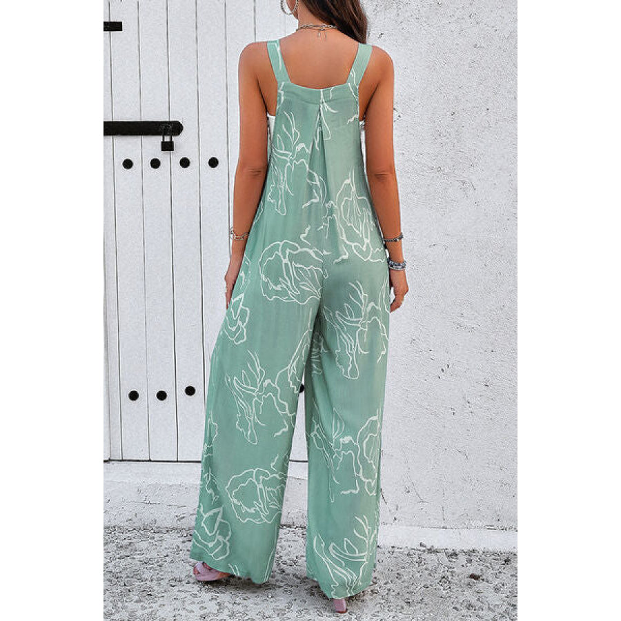Printed Wide Strap Jumpsuit with Pockets Apparel and Accessories