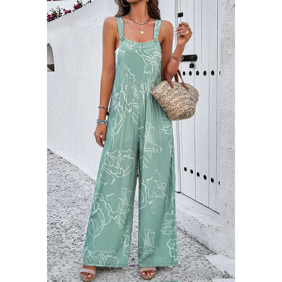 Printed Wide Strap Jumpsuit with Pockets Apparel and Accessories