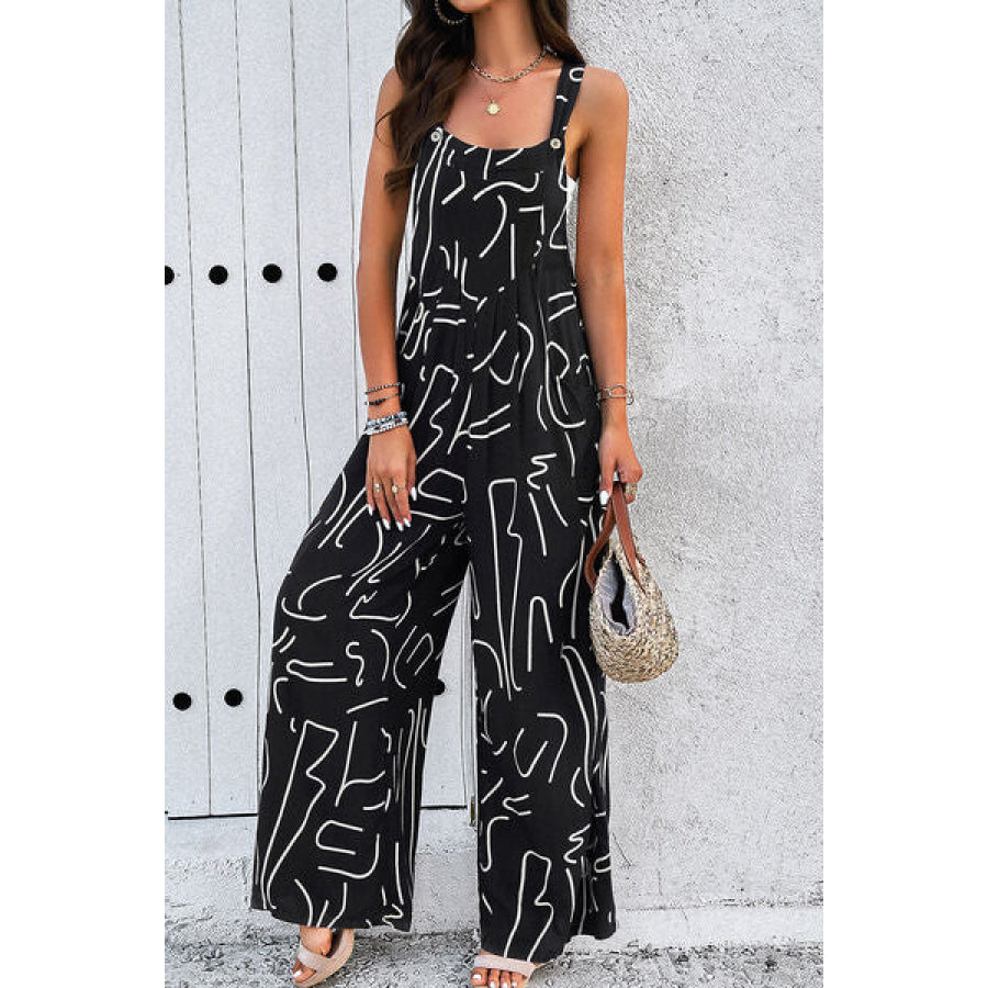Printed Wide Strap Jumpsuit with Pockets Apparel and Accessories