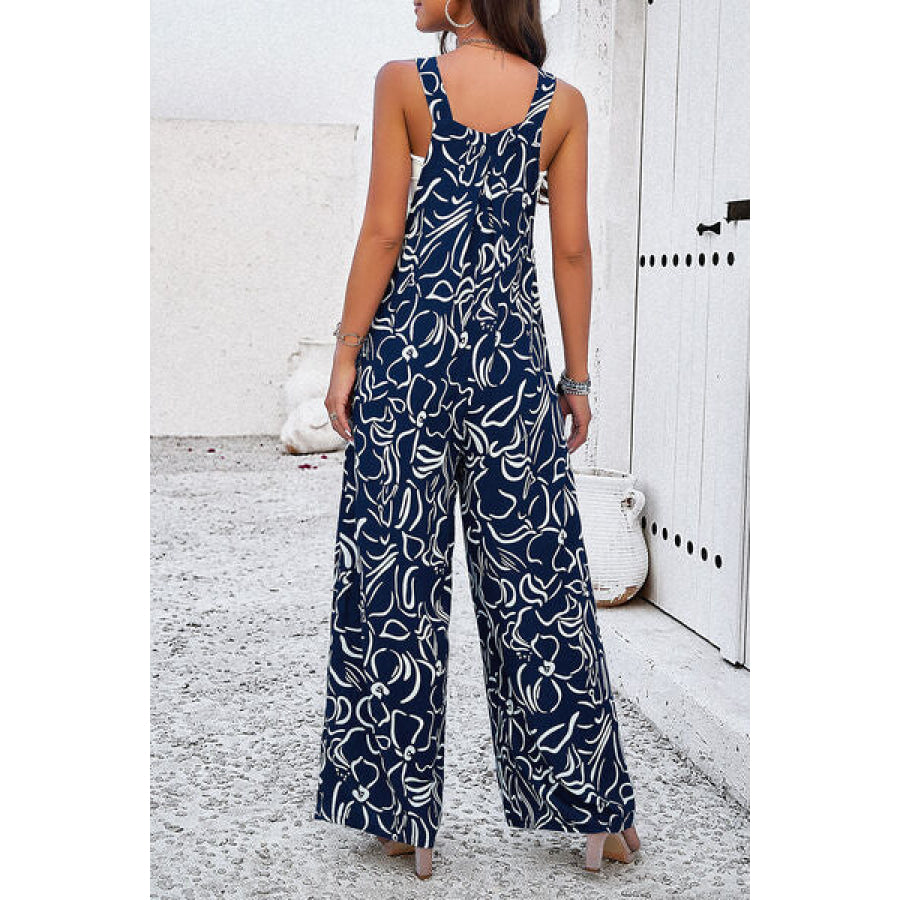 Printed Wide Strap Jumpsuit with Pockets Navy / S Apparel and Accessories