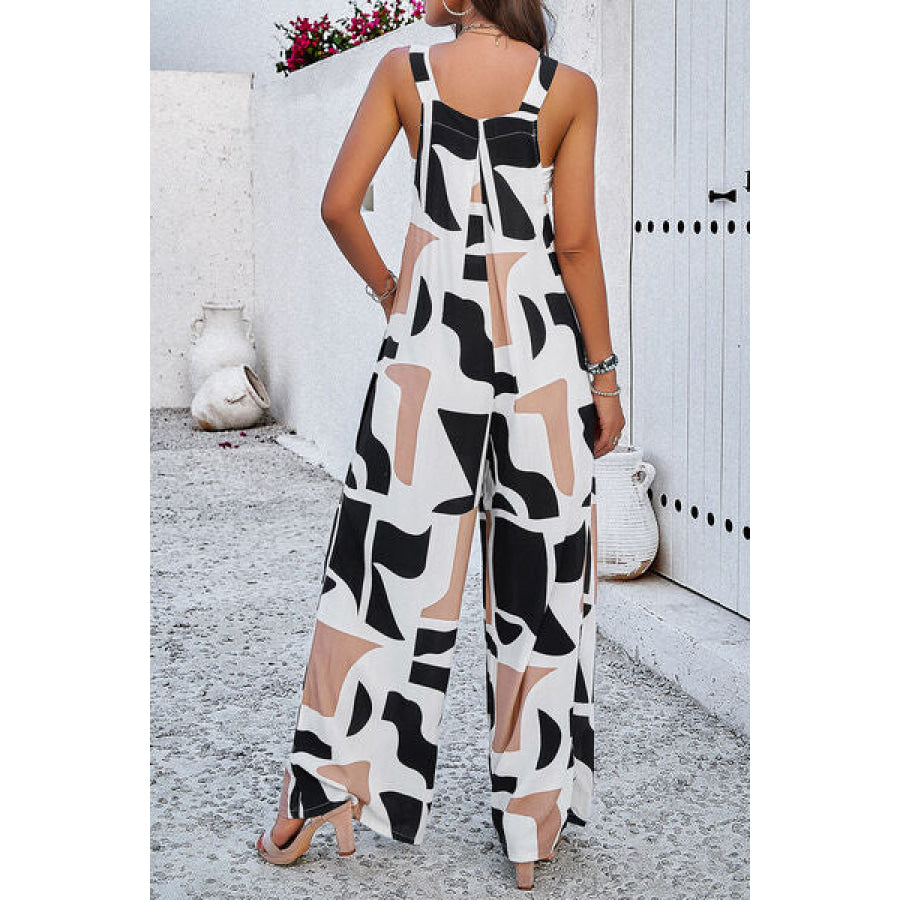 Printed Wide Strap Jumpsuit with Pockets Apparel and Accessories