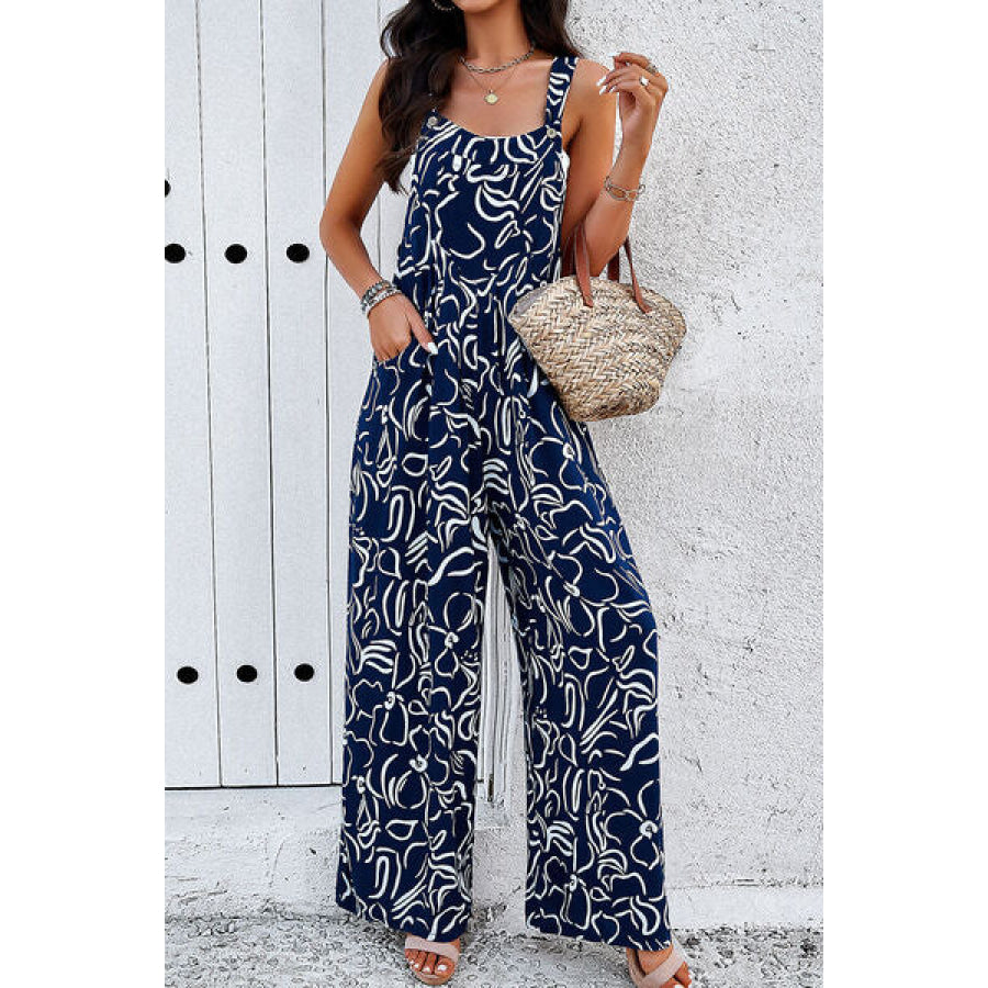 Printed Wide Strap Jumpsuit with Pockets Apparel and Accessories