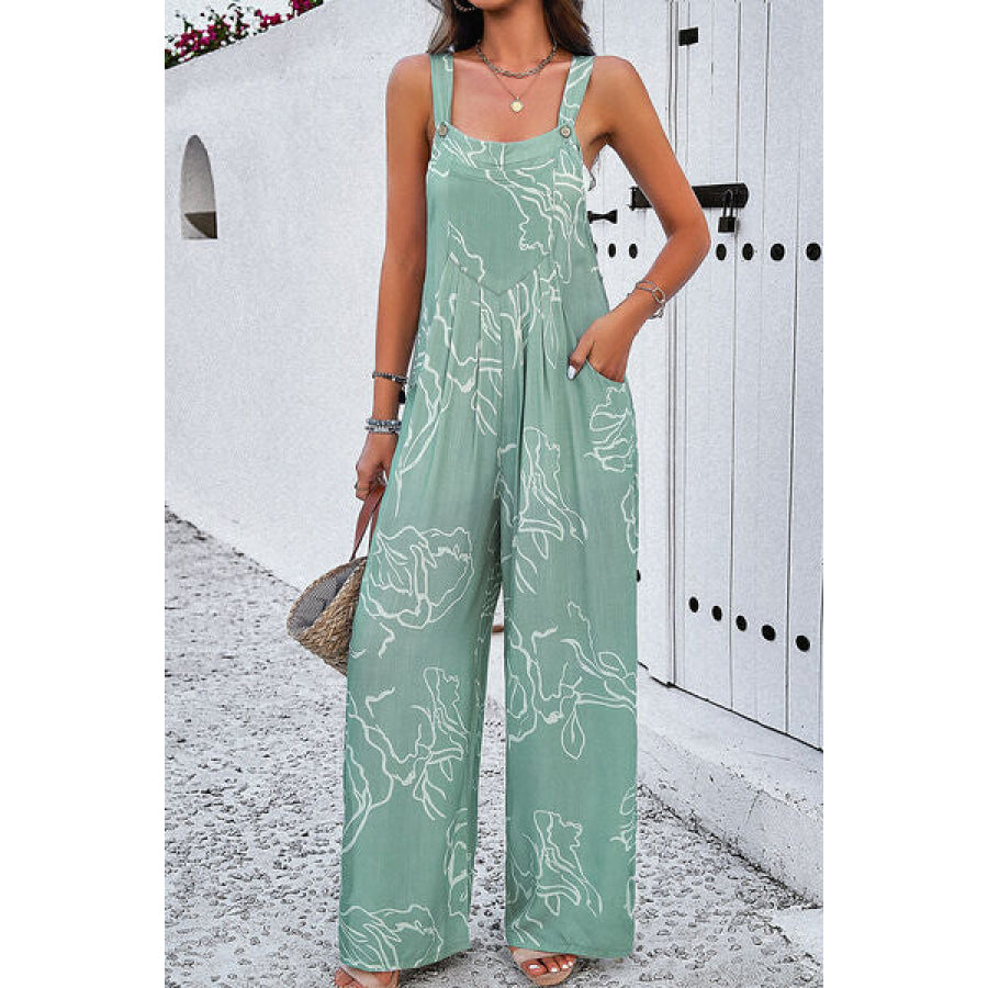 Printed Wide Strap Jumpsuit with Pockets Apparel and Accessories
