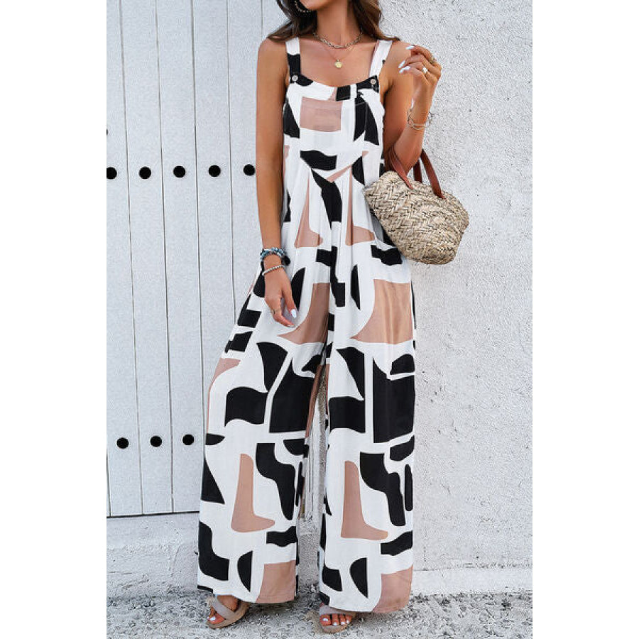 Printed Wide Strap Jumpsuit with Pockets Apparel and Accessories