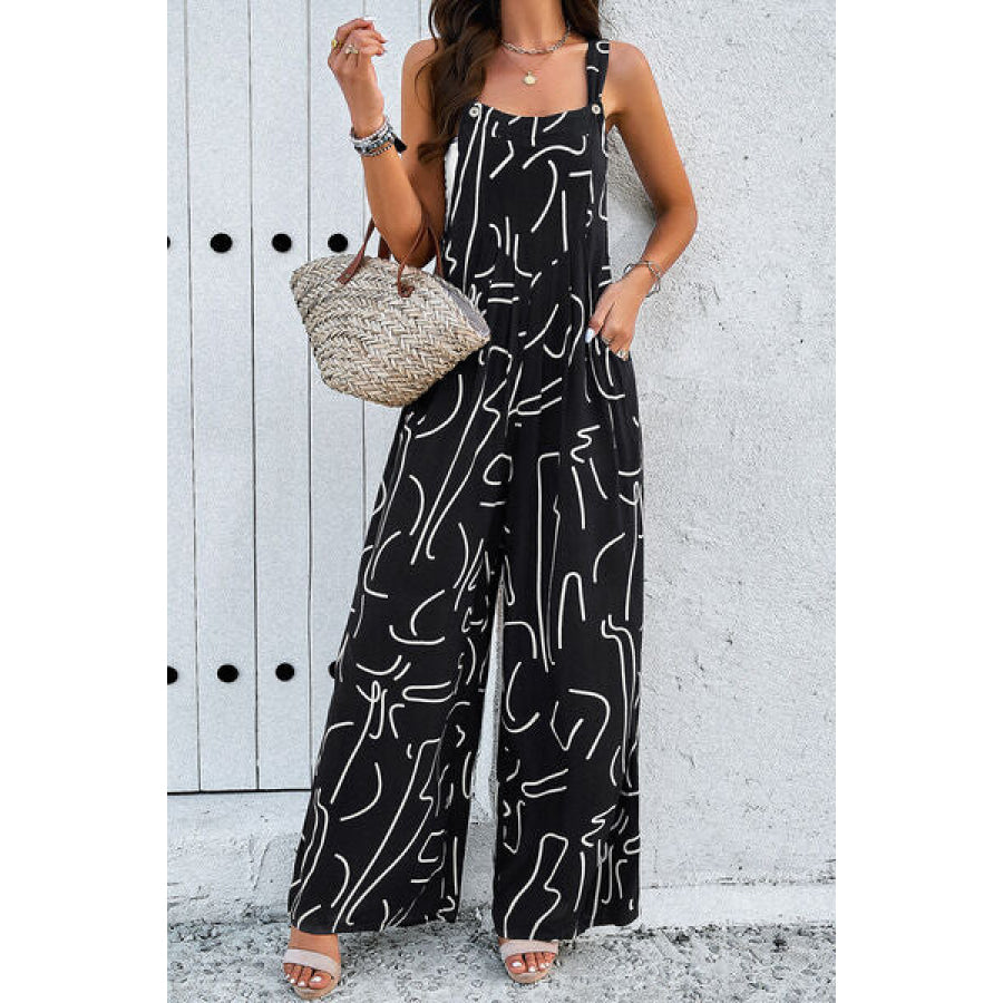 Printed Wide Strap Jumpsuit with Pockets Black / S Apparel and Accessories