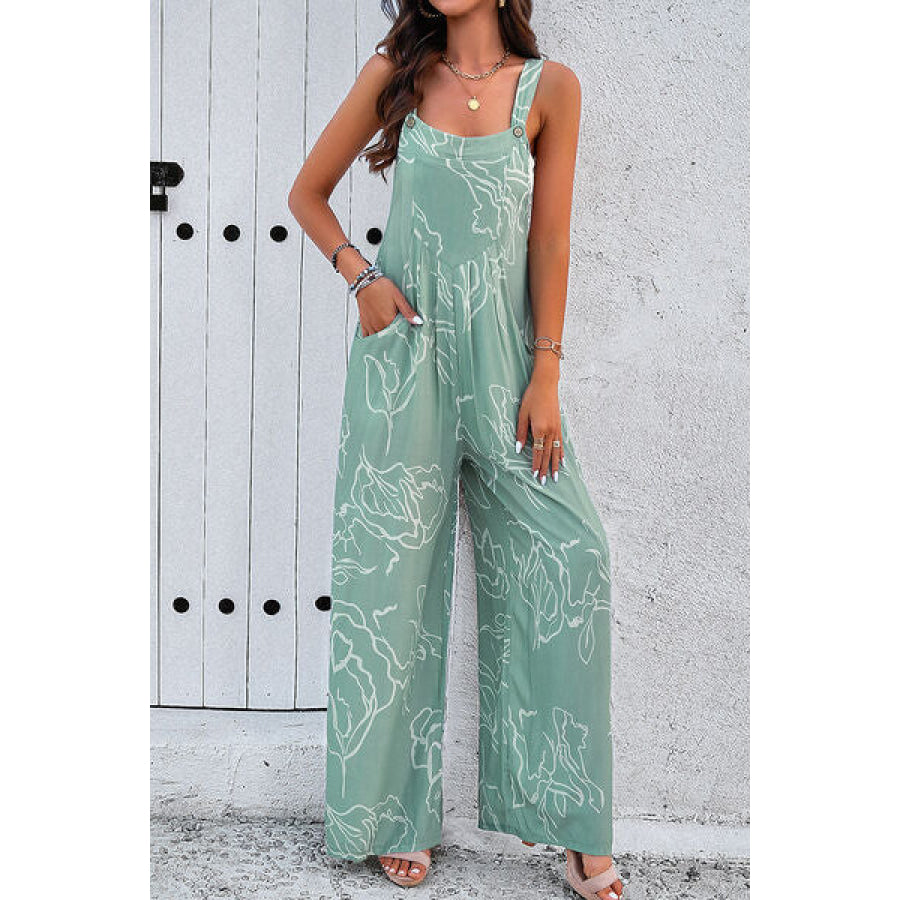 Printed Wide Strap Jumpsuit with Pockets Gum Leaf / S Apparel and Accessories
