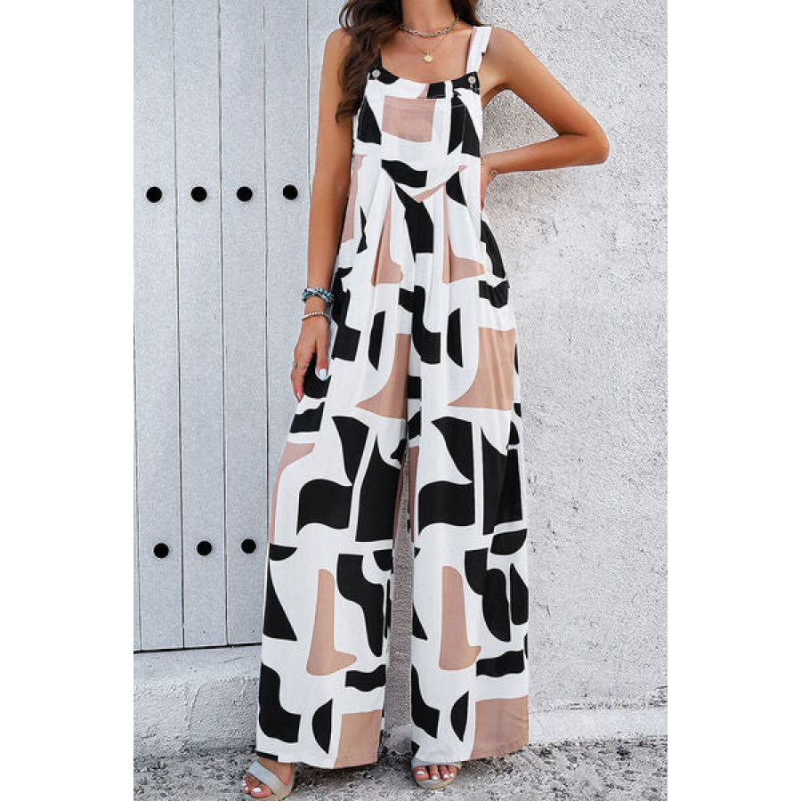 Printed Wide Strap Jumpsuit with Pockets White / S Apparel and Accessories