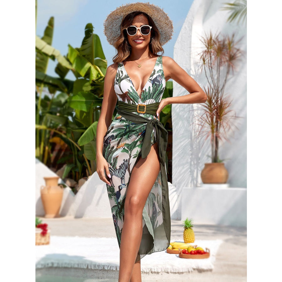 Printed Wide Strap One - Piece Swimwear and Cover - Up Set Moss / S Apparel Accessories