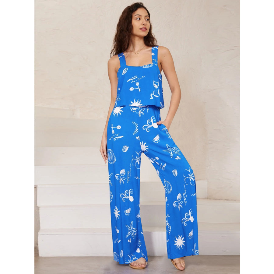 Printed Wide Strap Top and Pants Set Ultra marine / S Apparel and Accessories