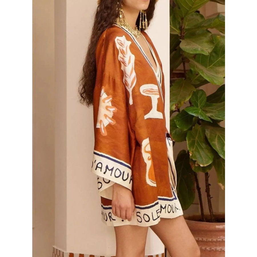 Printed Wrap Mini Dress with Contrast Trim Ochre / S Apparel and Accessories