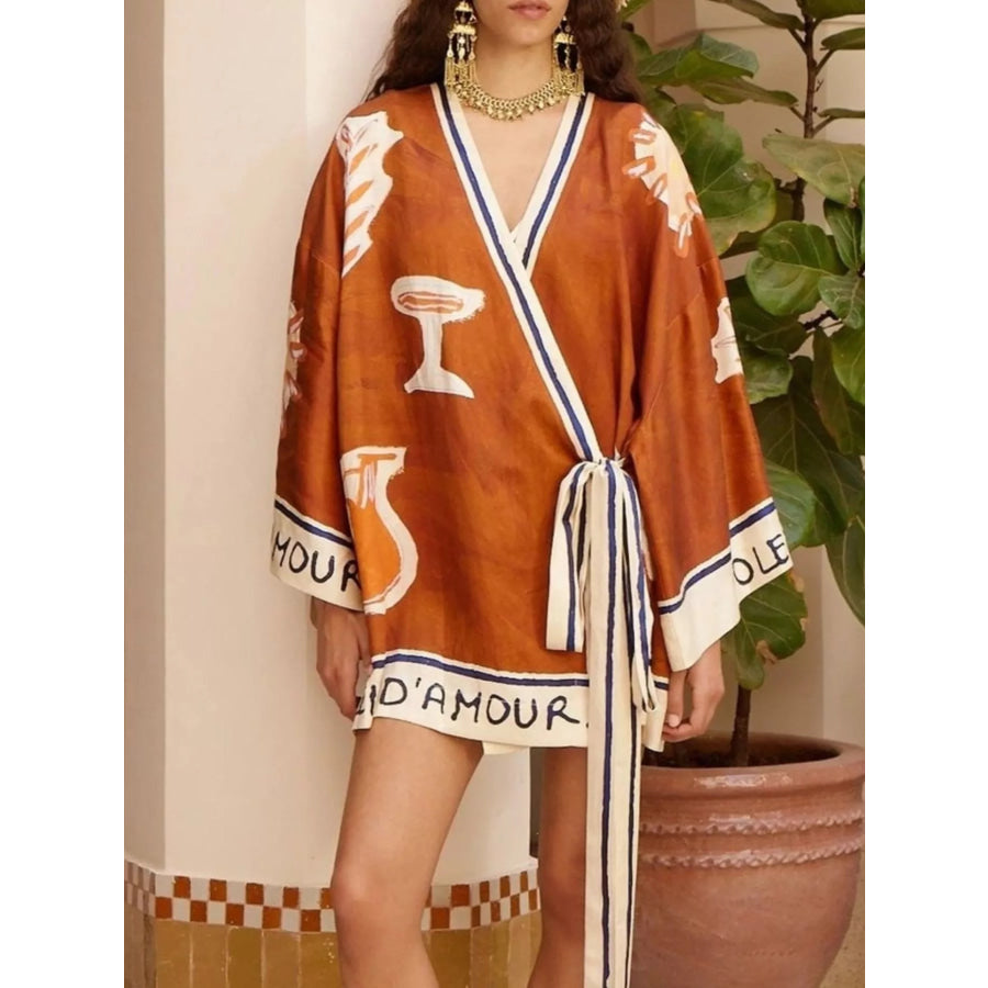 Printed Wrap Mini Dress with Contrast Trim Ochre / S Apparel and Accessories