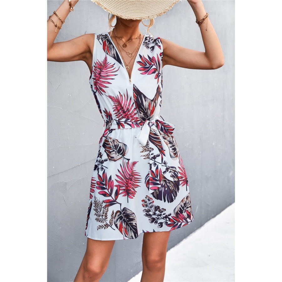 Printed Zip Detail Belted Sleeveless Dress