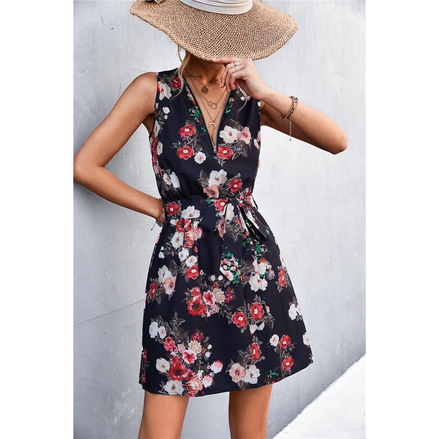 Printed Zip Detail Belted Sleeveless Dress