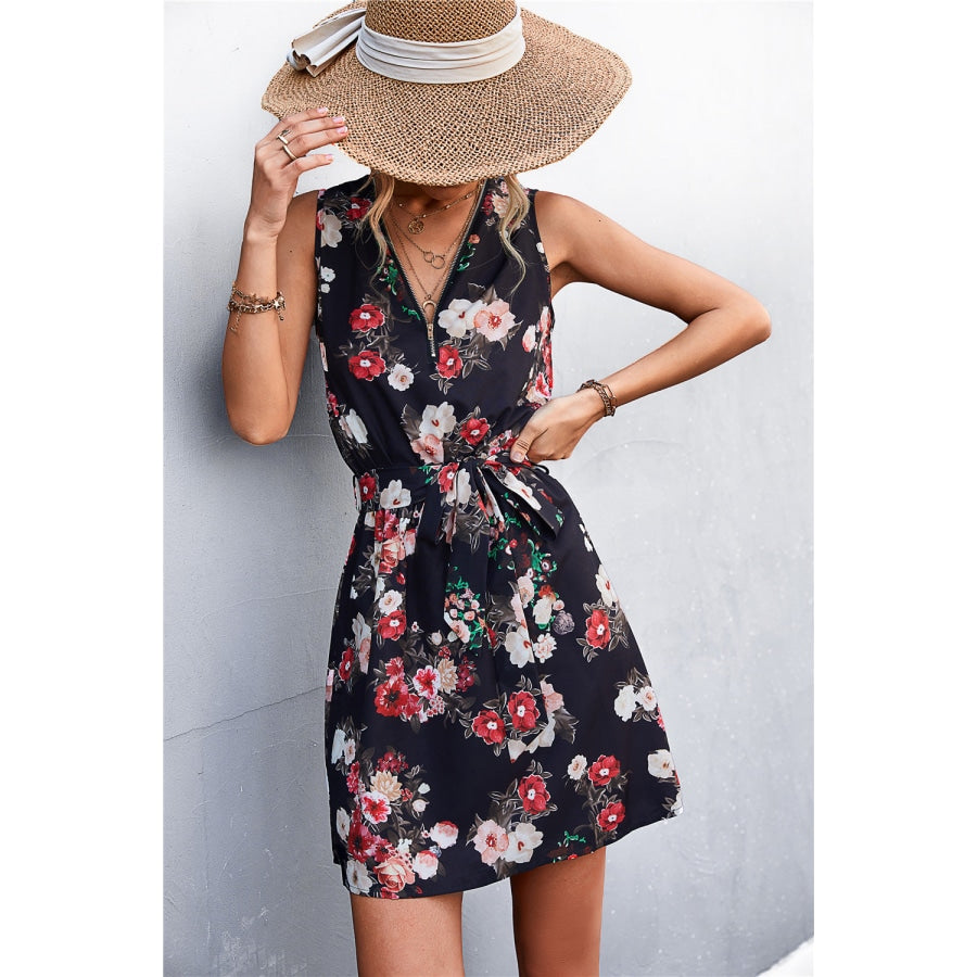 Printed Zip Detail Belted Sleeveless Dress