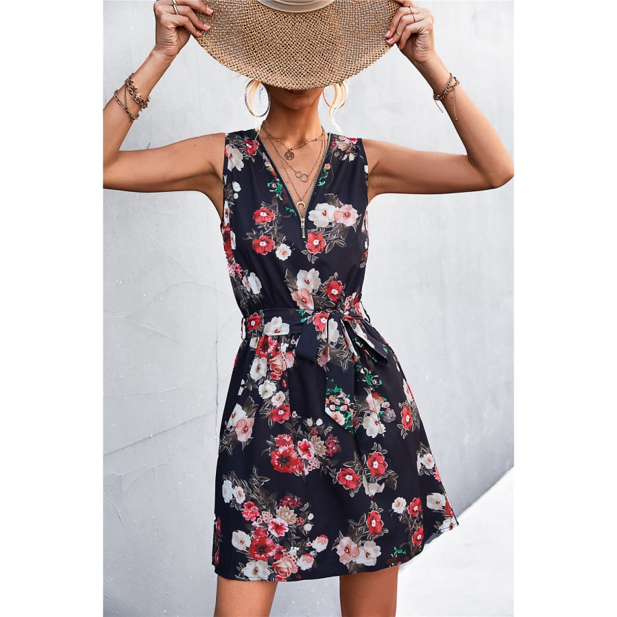 Printed Zip Detail Belted Sleeveless Dress