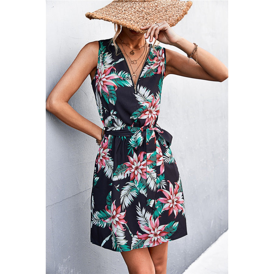 Printed Zip Detail Belted Sleeveless Dress