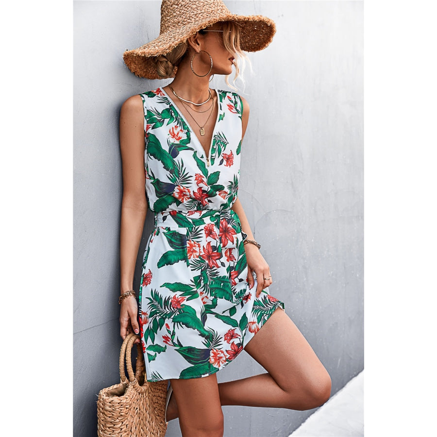 Printed Zip Detail Belted Sleeveless Dress