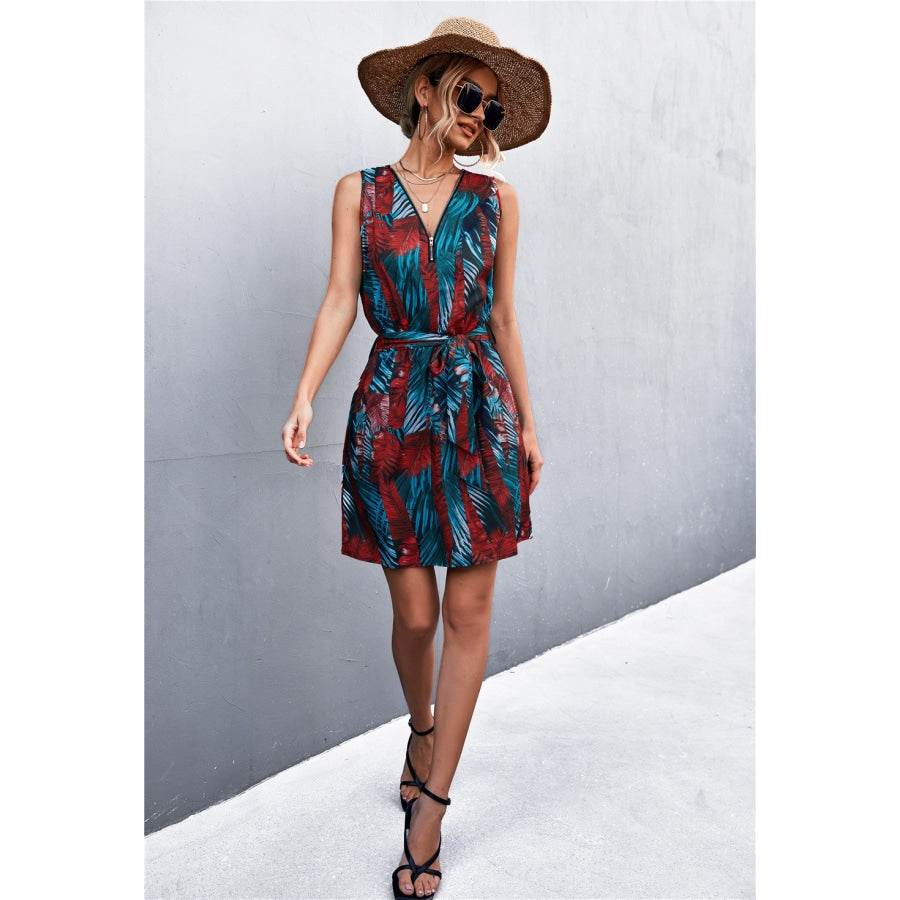 Printed Zip Detail Belted Sleeveless Dress