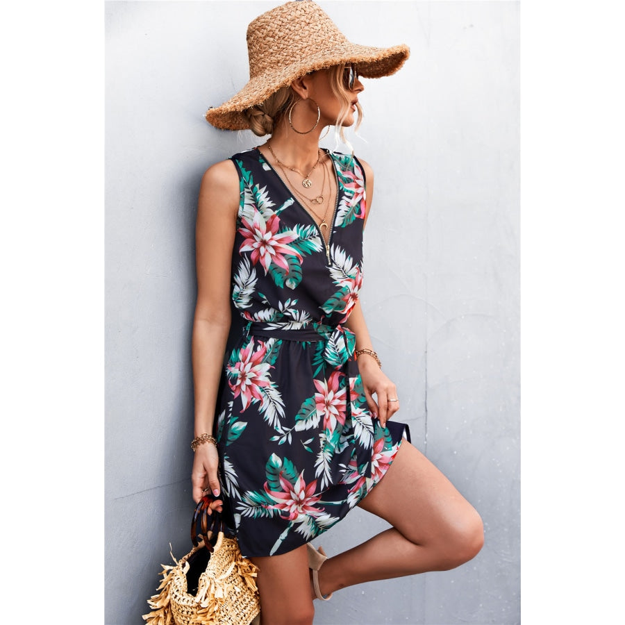 Printed Zip Detail Belted Sleeveless Dress