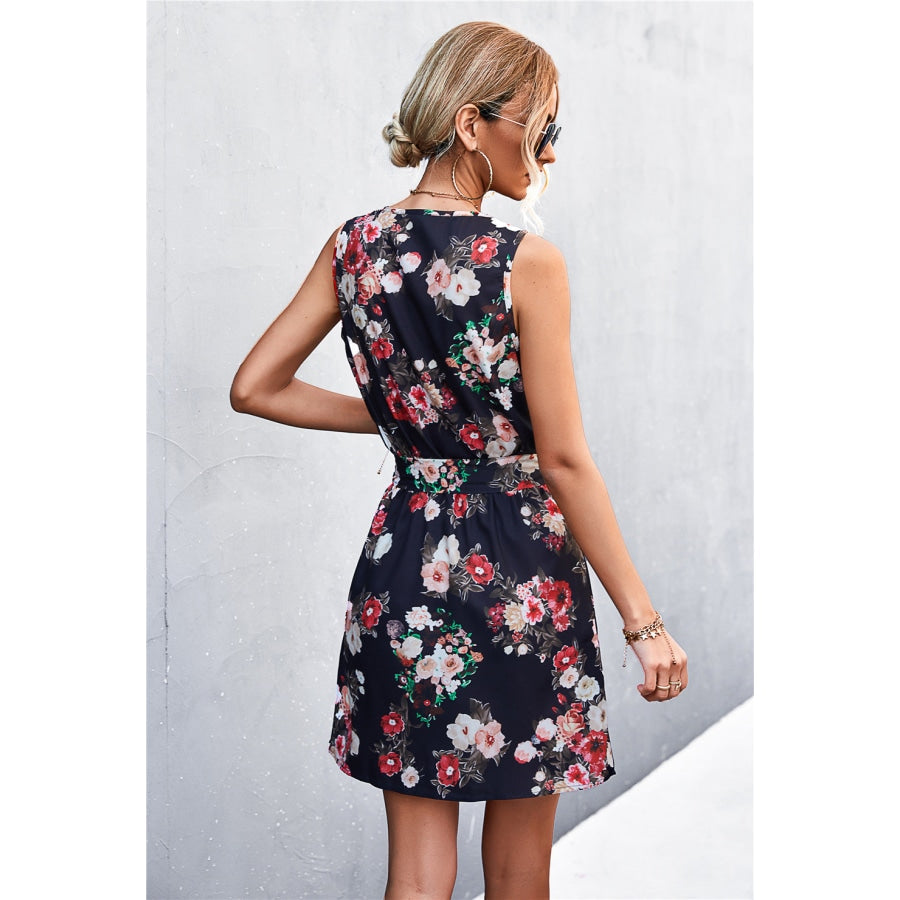 Printed Zip Detail Belted Sleeveless Dress