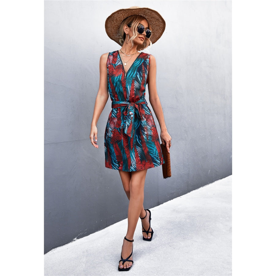 Printed Zip Detail Belted Sleeveless Dress