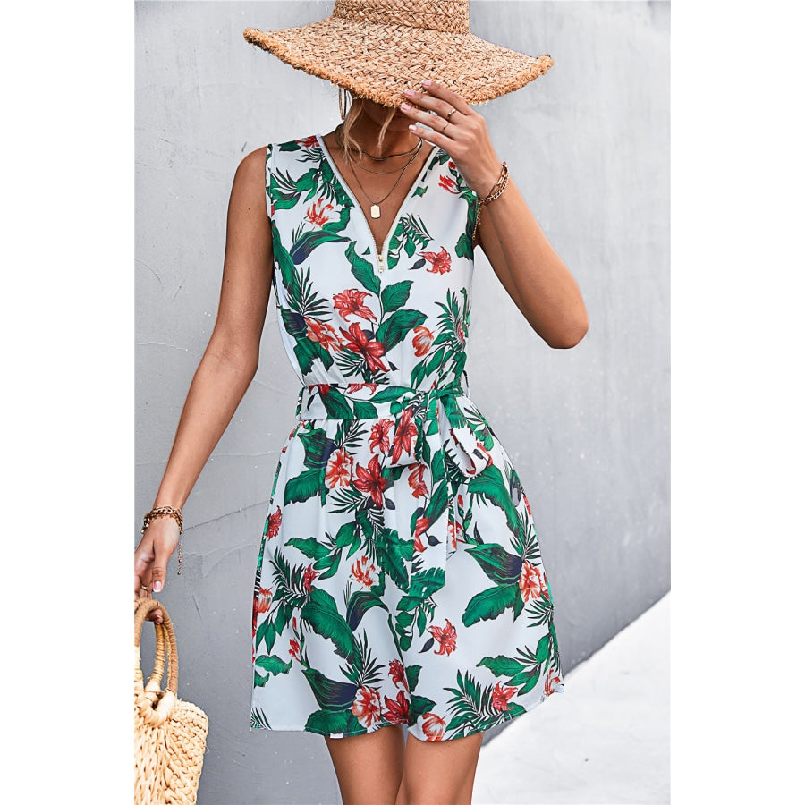 Printed Zip Detail Belted Sleeveless Dress