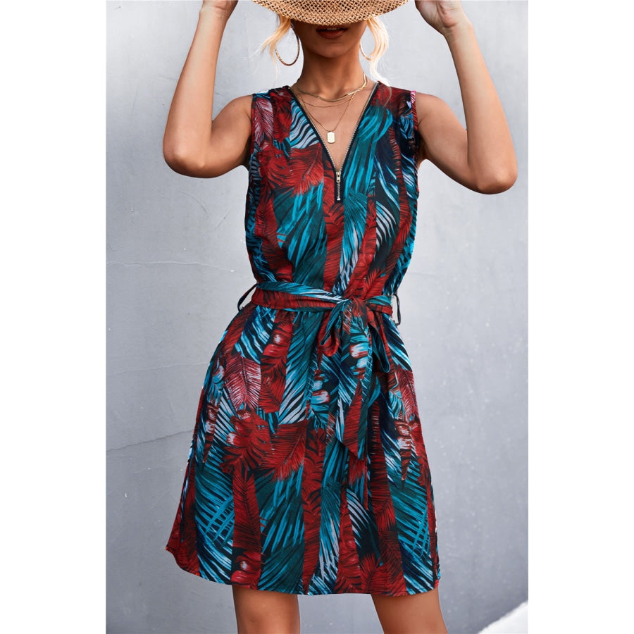 Printed Zip Detail Belted Sleeveless Dress