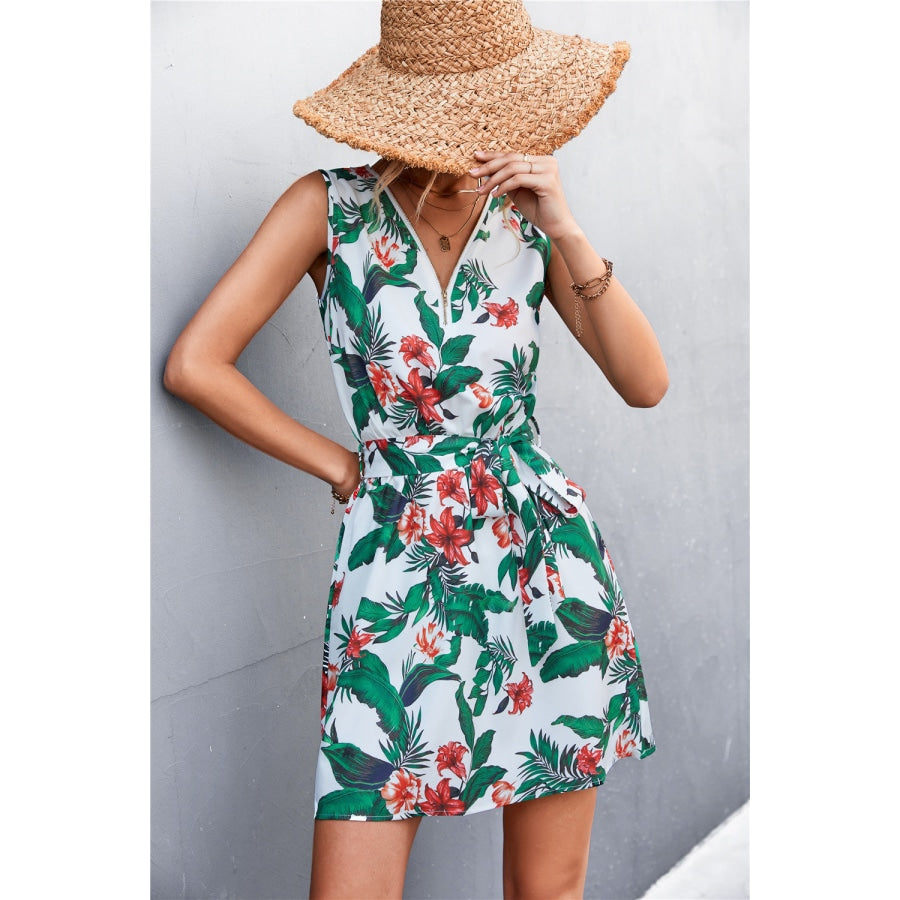 Printed Zip Detail Belted Sleeveless Dress